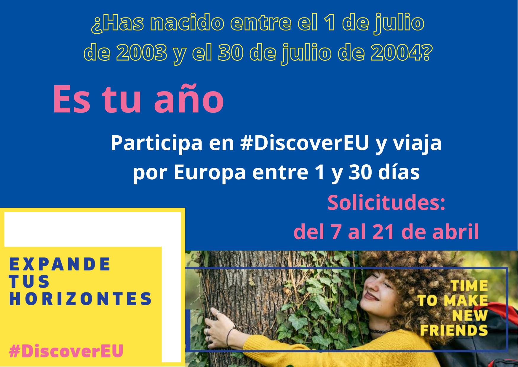 ¿Has nacido entre el 1 de julio de 2003 y el 30 de junio de 2004? Es tu año. Participa en DiscoverEU y viaja por Europa entre 1 y 30 días. Es el momento de hacer nuevos amigos.